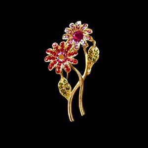 Vintage AB Red & Fuchsia Rhinestones Goldtoned Flower Brooch